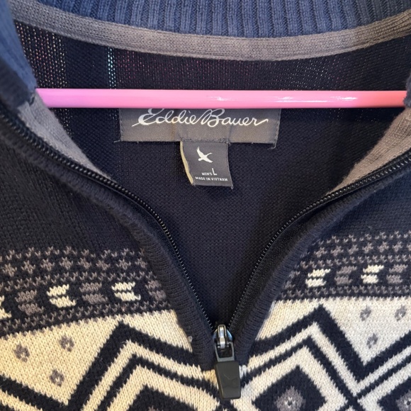 Eddie Bauer Fair Isle Nordic Quarter Zip Sweater Blue Color Block Mens Large - Picture 4 of 4